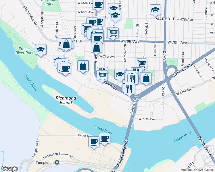 map of restaurants, bars, coffee shops, grocery stores, and more near 1410 Southwest Marine Drive in Vancouver