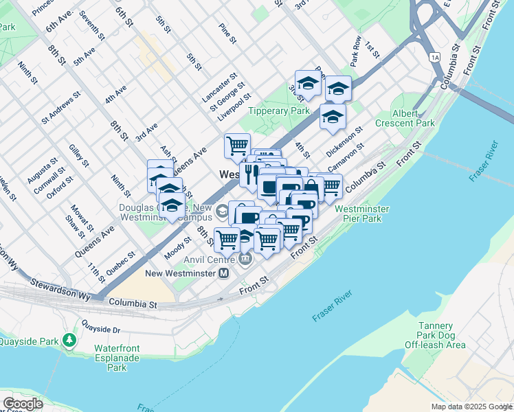 map of restaurants, bars, coffee shops, grocery stores, and more near 305 Agnes Street in New Westminster