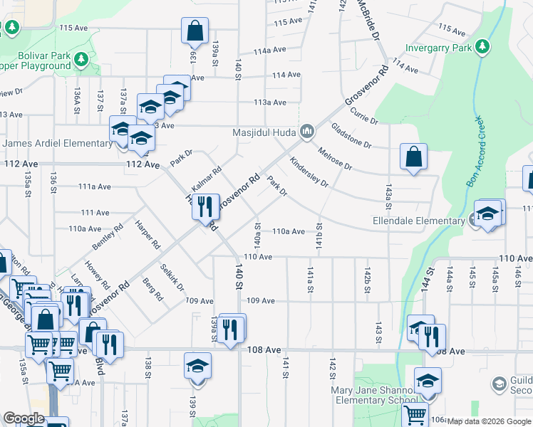 map of restaurants, bars, coffee shops, grocery stores, and more near 14054 Antrim Road in Surrey