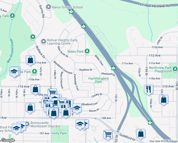 map of restaurants, bars, coffee shops, grocery stores, and more near 15032 Swallow Drive in Surrey