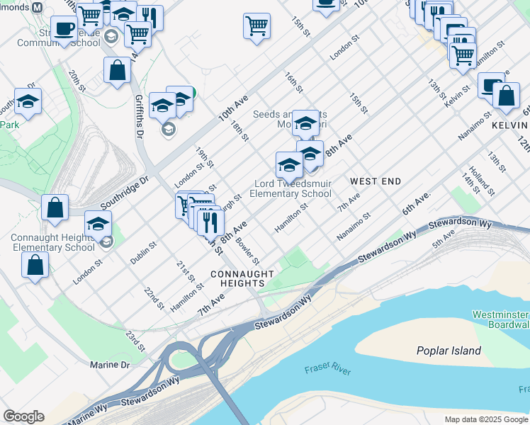 map of restaurants, bars, coffee shops, grocery stores, and more near 1828 8th Avenue in New Westminster
