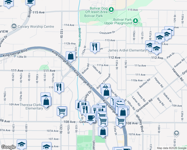 map of restaurants, bars, coffee shops, grocery stores, and more near in Surrey