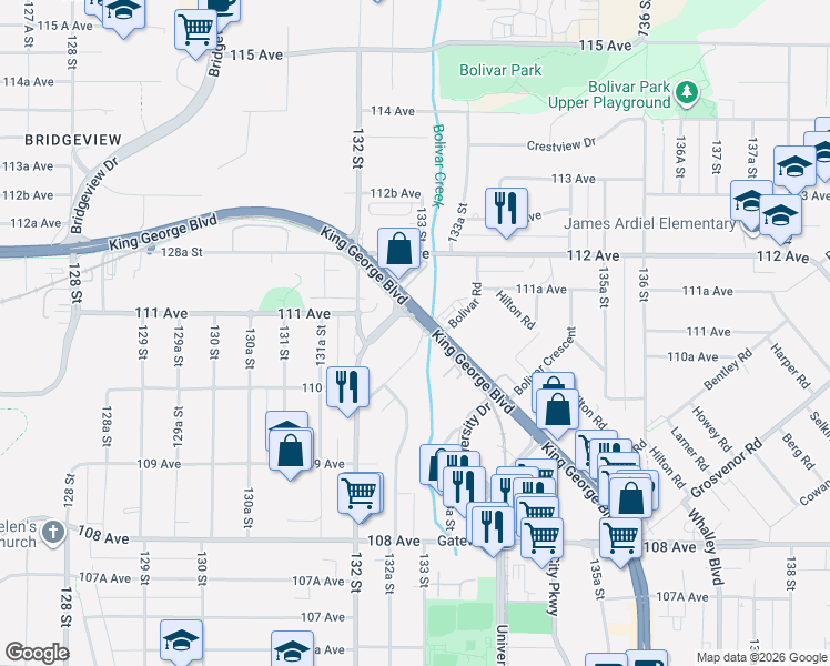 map of restaurants, bars, coffee shops, grocery stores, and more near 11077 Ravine Road in Surrey