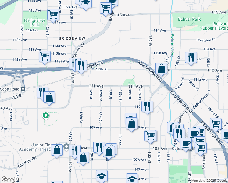 map of restaurants, bars, coffee shops, grocery stores, and more near in Surrey