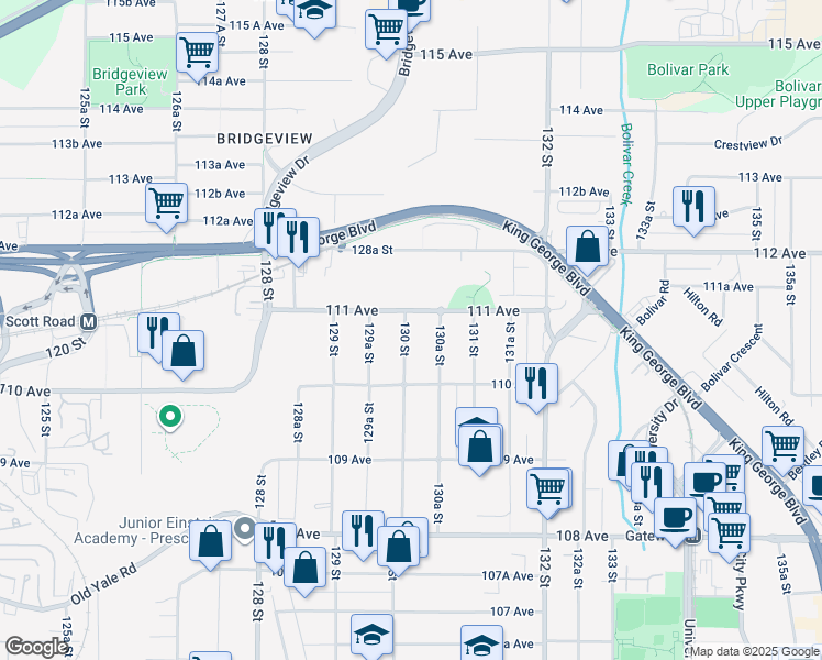 map of restaurants, bars, coffee shops, grocery stores, and more near in Surrey