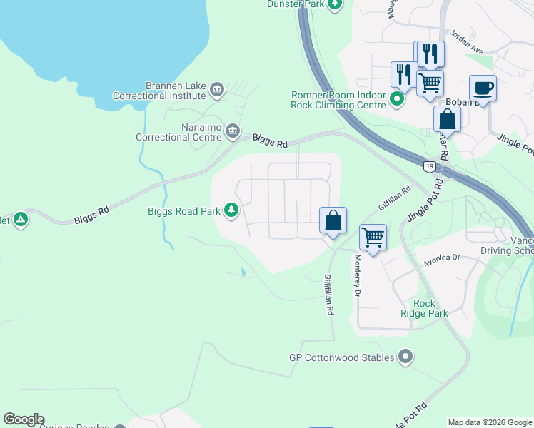 map of restaurants, bars, coffee shops, grocery stores, and more near 4064 Valewood Drive in Nanaimo