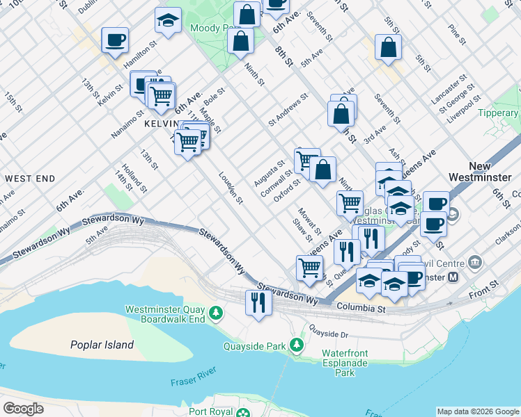 map of restaurants, bars, coffee shops, grocery stores, and more near 312 11th Street in New Westminster