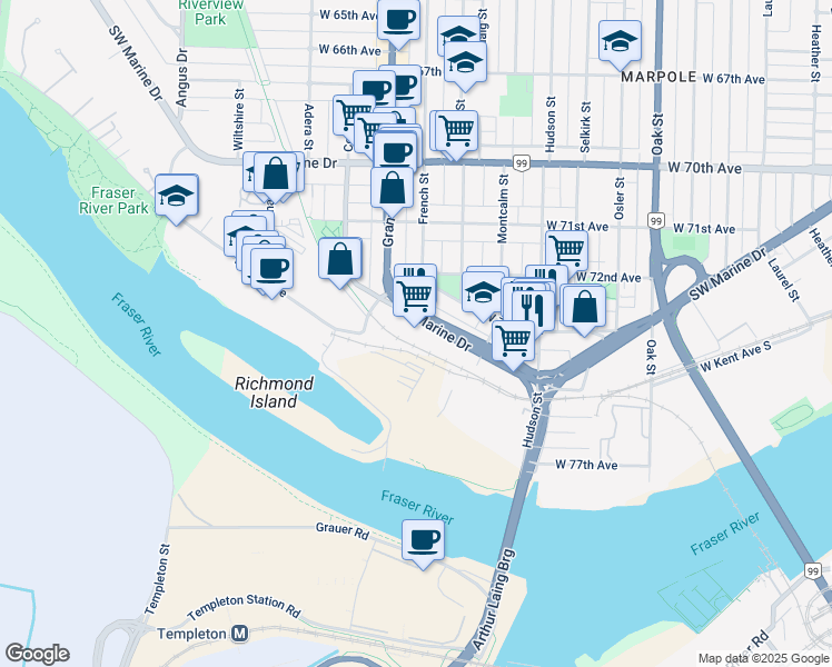 map of restaurants, bars, coffee shops, grocery stores, and more near 1450 Southwest Marine Drive in Vancouver