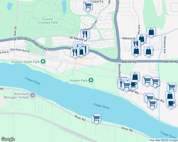 map of restaurants, bars, coffee shops, grocery stores, and more near Rivergrass Drive in Vancouver