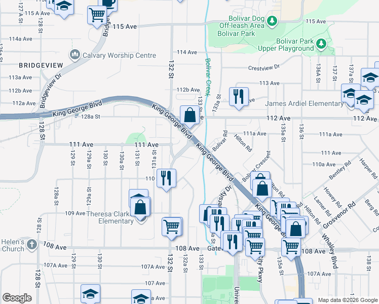 map of restaurants, bars, coffee shops, grocery stores, and more near in Surrey