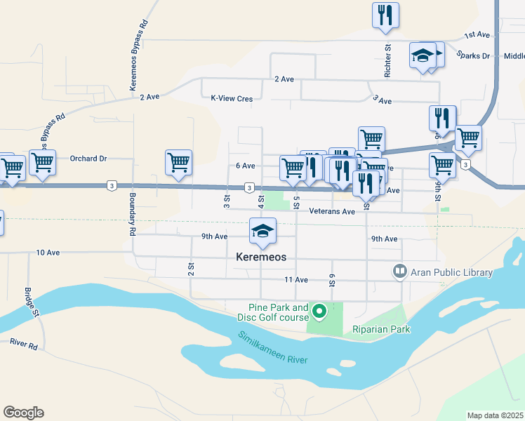 map of restaurants, bars, coffee shops, grocery stores, and more near 625 Veterans Avenue in Keremeos