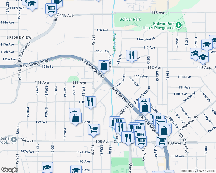 map of restaurants, bars, coffee shops, grocery stores, and more near 13286 King George Boulevard in Surrey
