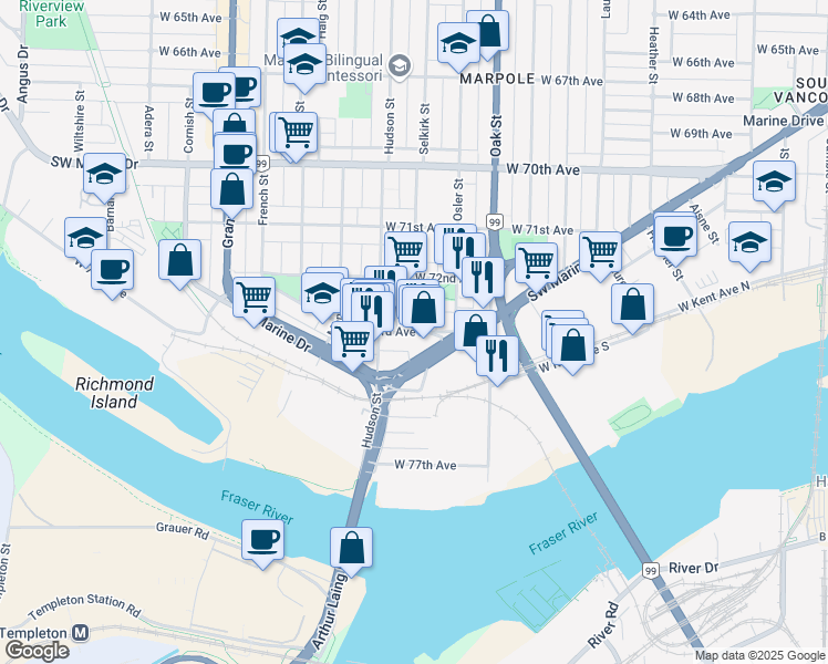 map of restaurants, bars, coffee shops, grocery stores, and more near 1197 West 73rd Avenue in Vancouver