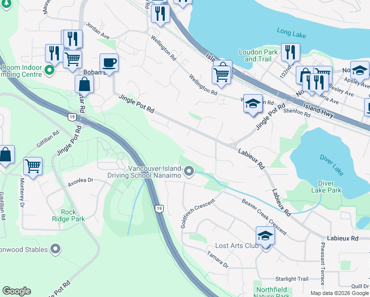 map of restaurants, bars, coffee shops, grocery stores, and more near 2765 Horth Road in Nanaimo