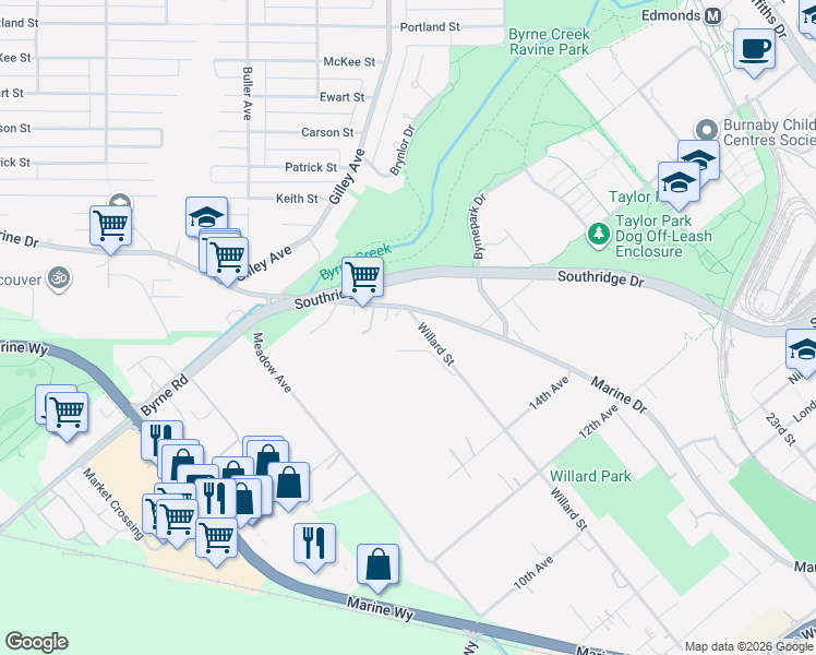 map of restaurants, bars, coffee shops, grocery stores, and more near 7435 Willard Street in Burnaby
