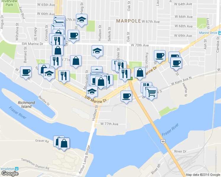 map of restaurants, bars, coffee shops, grocery stores, and more near 1163 West 73rd Avenue in Vancouver