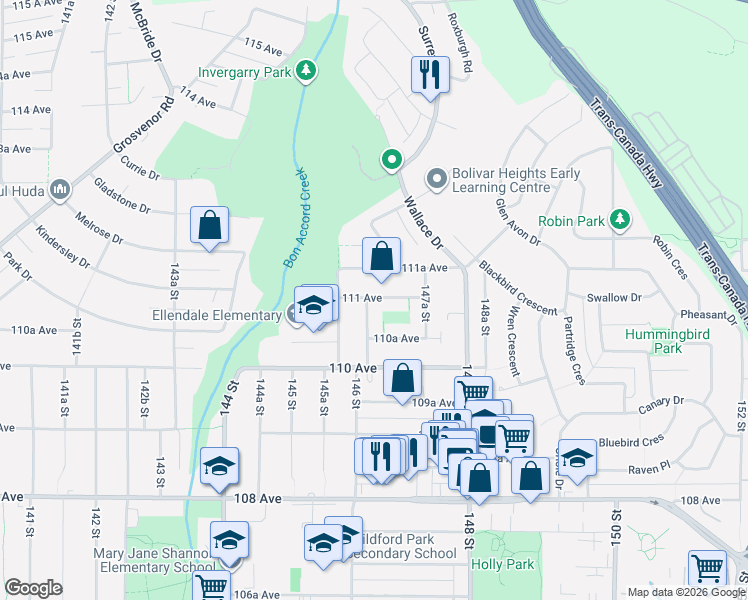 map of restaurants, bars, coffee shops, grocery stores, and more near 11082 146A Street in Surrey