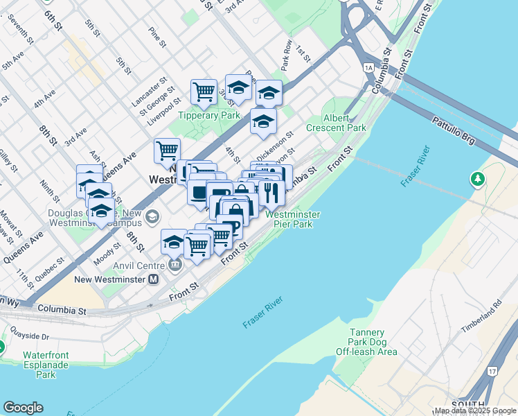 map of restaurants, bars, coffee shops, grocery stores, and more near 435 Columbia Street in New Westminster