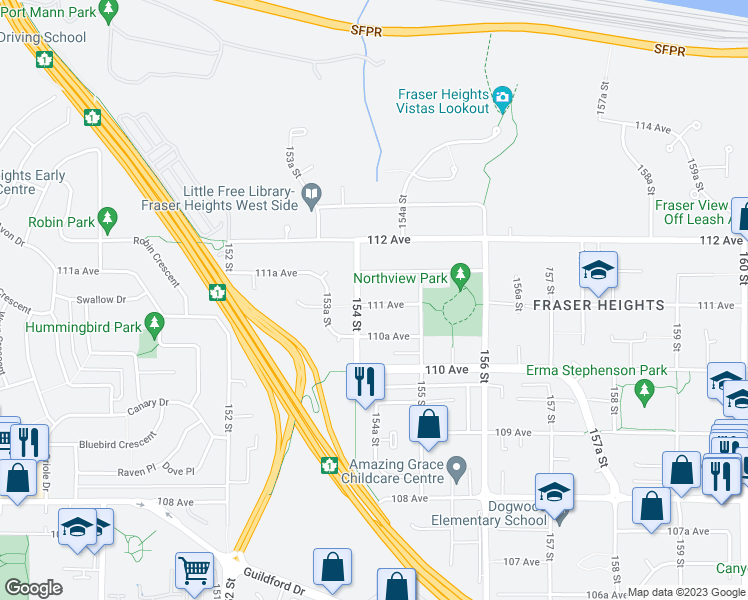 map of restaurants, bars, coffee shops, grocery stores, and more near 15425 111 Avenue in Surrey