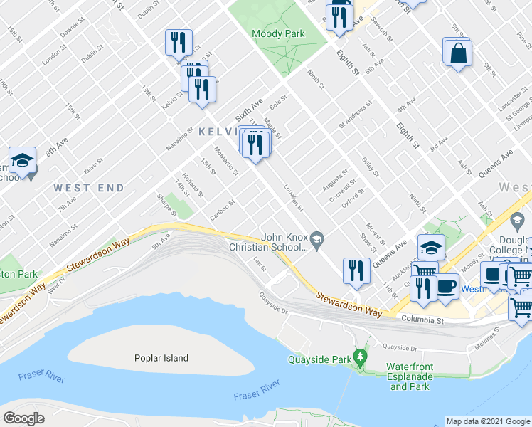 map of restaurants, bars, coffee shops, grocery stores, and more near 1215 4th Avenue in New Westminster