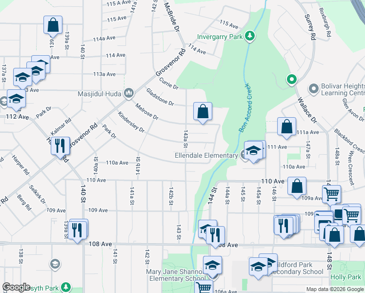 map of restaurants, bars, coffee shops, grocery stores, and more near 11101 143A Street in Surrey