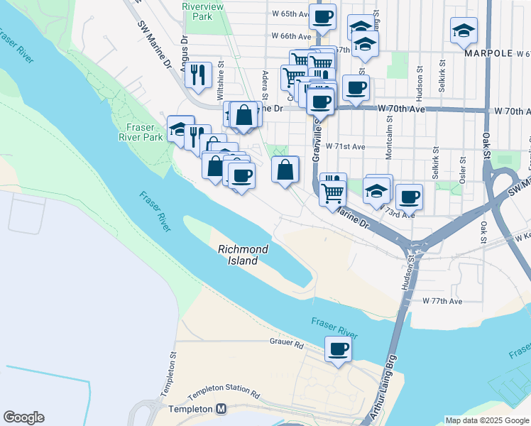 map of restaurants, bars, coffee shops, grocery stores, and more near in Vancouver