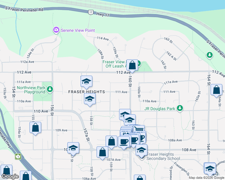 map of restaurants, bars, coffee shops, grocery stores, and more near 15911 111 Avenue in Surrey