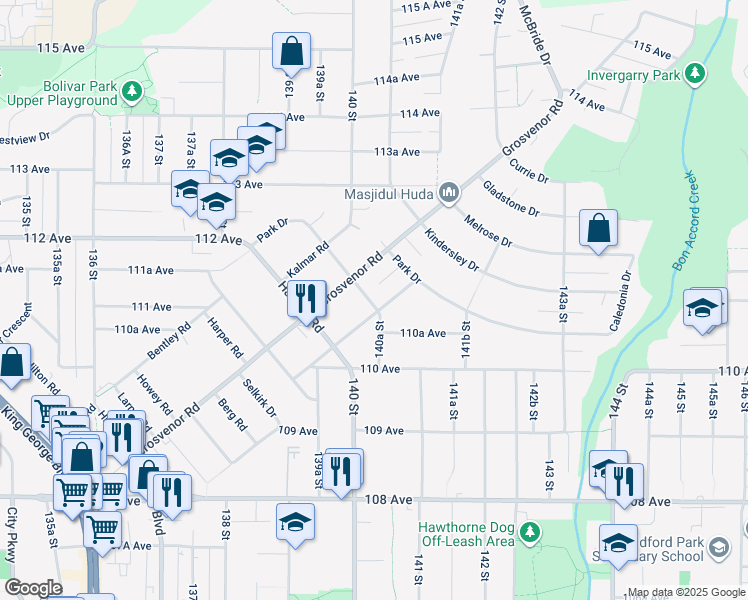 map of restaurants, bars, coffee shops, grocery stores, and more near 14033 Douglas Road in Surrey