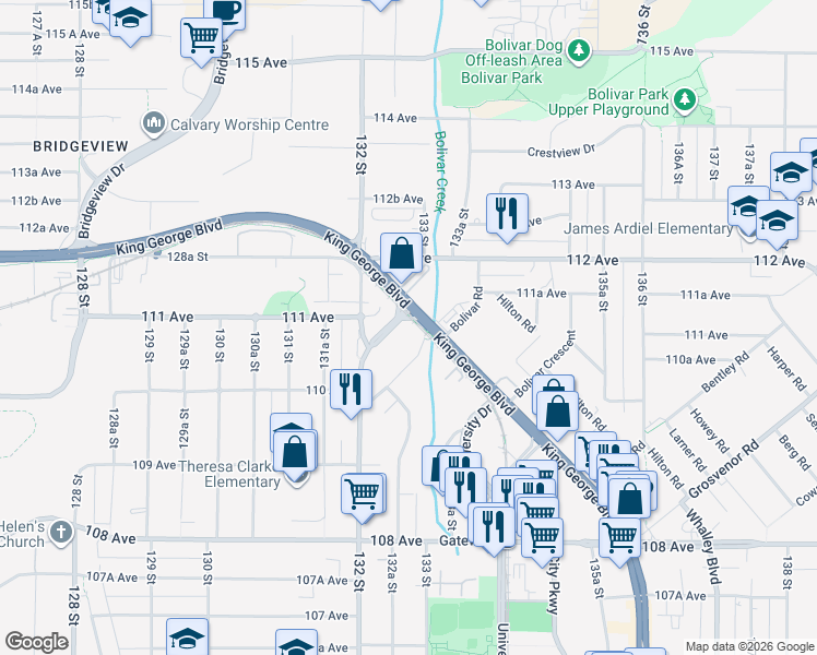 map of restaurants, bars, coffee shops, grocery stores, and more near 11077 Ravine Road in Surrey
