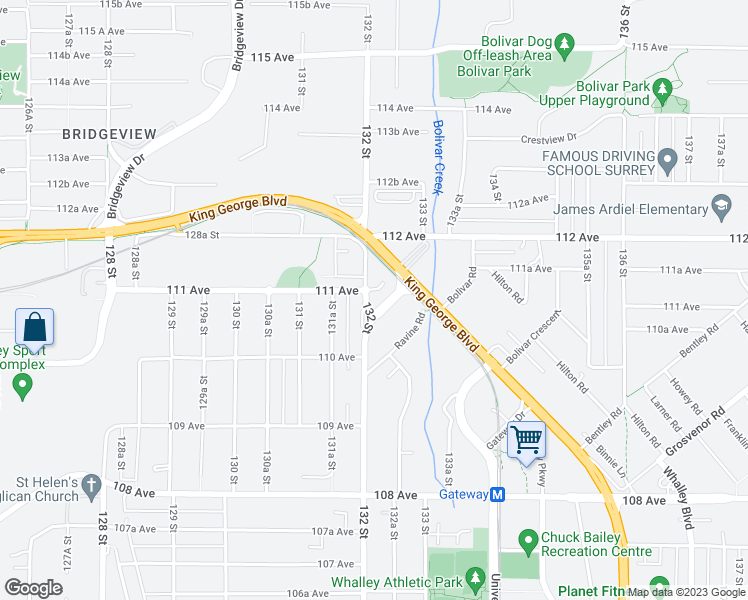 map of restaurants, bars, coffee shops, grocery stores, and more near 11100 132 Street in Surrey