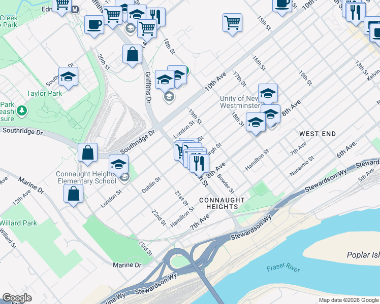 map of restaurants, bars, coffee shops, grocery stores, and more near 1940 Dublin Street in New Westminster