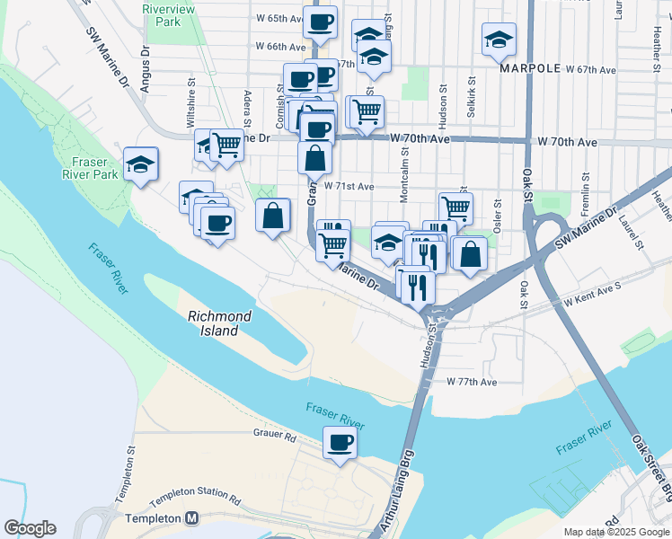 map of restaurants, bars, coffee shops, grocery stores, and more near 1440 Southwest Marine Drive in Vancouver