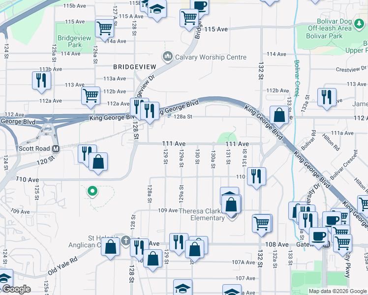 map of restaurants, bars, coffee shops, grocery stores, and more near 11088 129A Street in Surrey