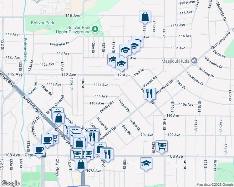 map of restaurants, bars, coffee shops, grocery stores, and more near 13759 111 Avenue in Surrey