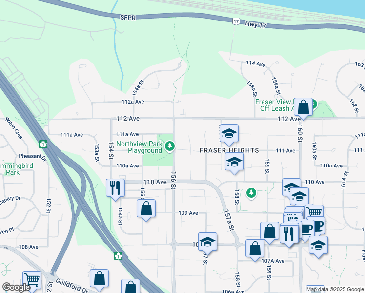 map of restaurants, bars, coffee shops, grocery stores, and more near 15625 111 Avenue in Surrey