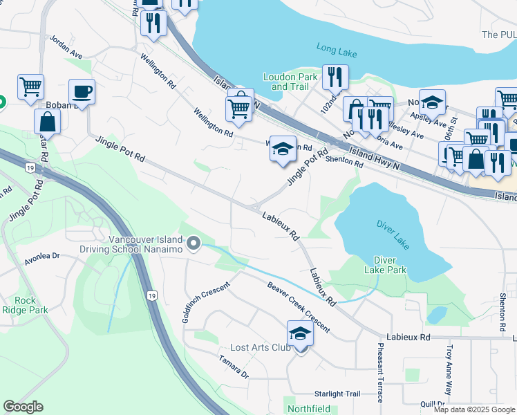 map of restaurants, bars, coffee shops, grocery stores, and more near 4303 Jingle Pot Road in Nanaimo