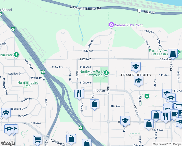 map of restaurants, bars, coffee shops, grocery stores, and more near 11125 155 Street in Surrey