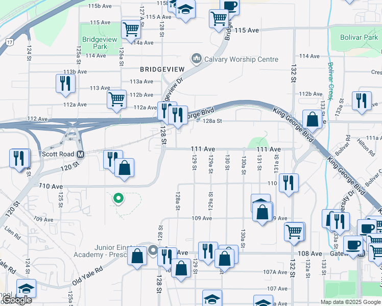 map of restaurants, bars, coffee shops, grocery stores, and more near 12892 111 Avenue in Surrey