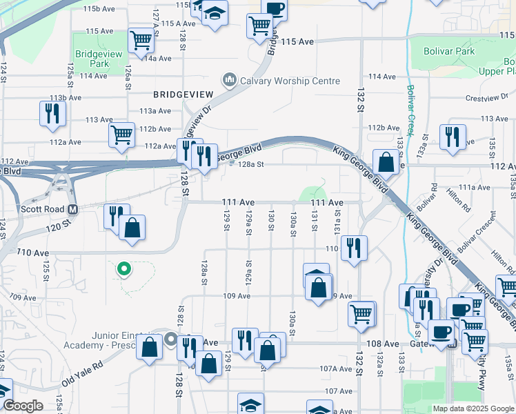 map of restaurants, bars, coffee shops, grocery stores, and more near 12970 111 Avenue in Surrey