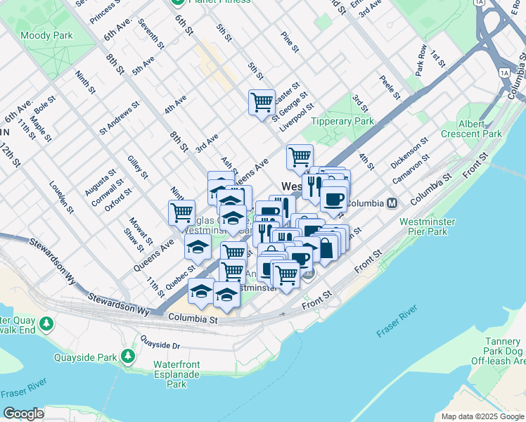 map of restaurants, bars, coffee shops, grocery stores, and more near 109 Ash Street in New Westminster