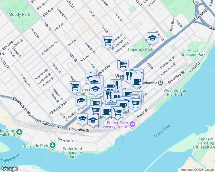 map of restaurants, bars, coffee shops, grocery stores, and more near 735 Royal Avenue in New Westminster