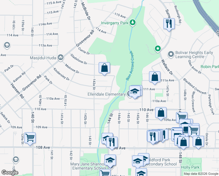 map of restaurants, bars, coffee shops, grocery stores, and more near 11111 Caledonia Drive in Surrey