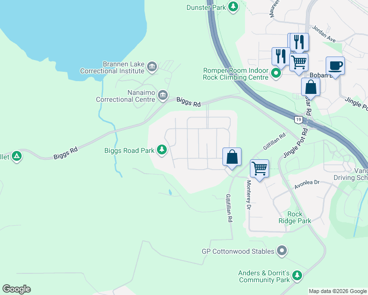 map of restaurants, bars, coffee shops, grocery stores, and more near 4064 Valewood Drive in Nanaimo