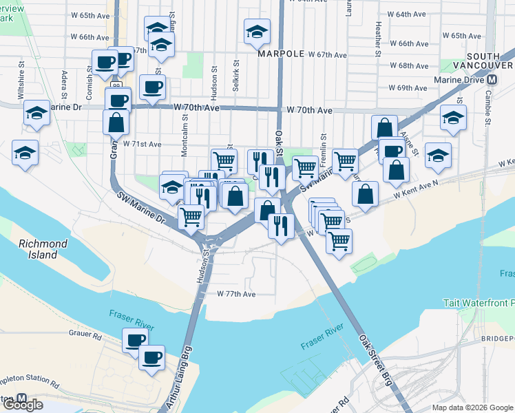 map of restaurants, bars, coffee shops, grocery stores, and more near 8888 Osler Street in Vancouver