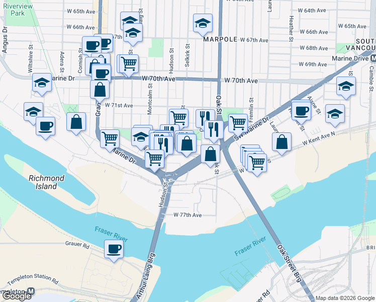 map of restaurants, bars, coffee shops, grocery stores, and more near 1169 West 73rd Avenue in Vancouver
