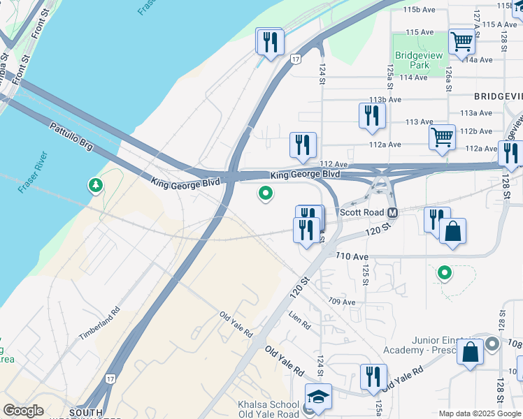 map of restaurants, bars, coffee shops, grocery stores, and more near 11125 124 Street in Surrey
