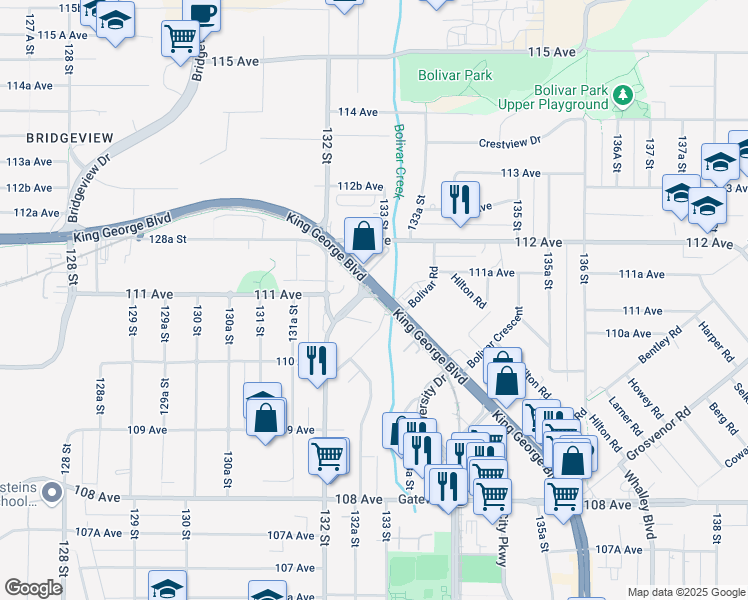 map of restaurants, bars, coffee shops, grocery stores, and more near 13286 King George Boulevard in Surrey