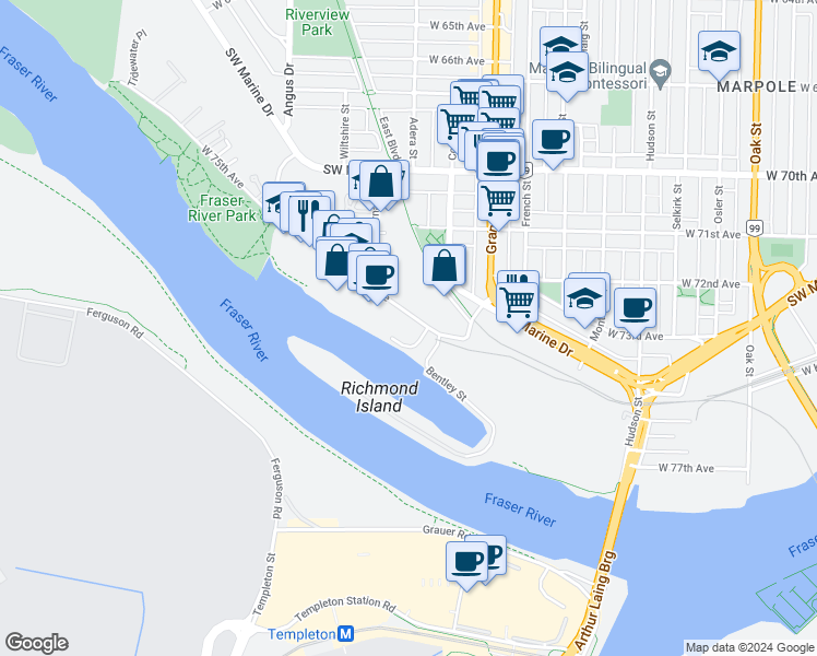 map of restaurants, bars, coffee shops, grocery stores, and more near 1568 West 75th Avenue in Vancouver
