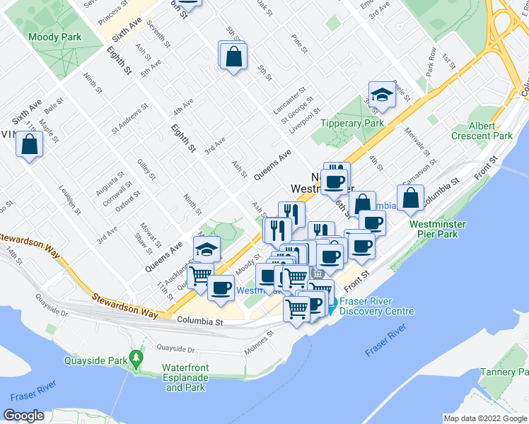 map of restaurants, bars, coffee shops, grocery stores, and more near 109 Ash Street in New Westminster