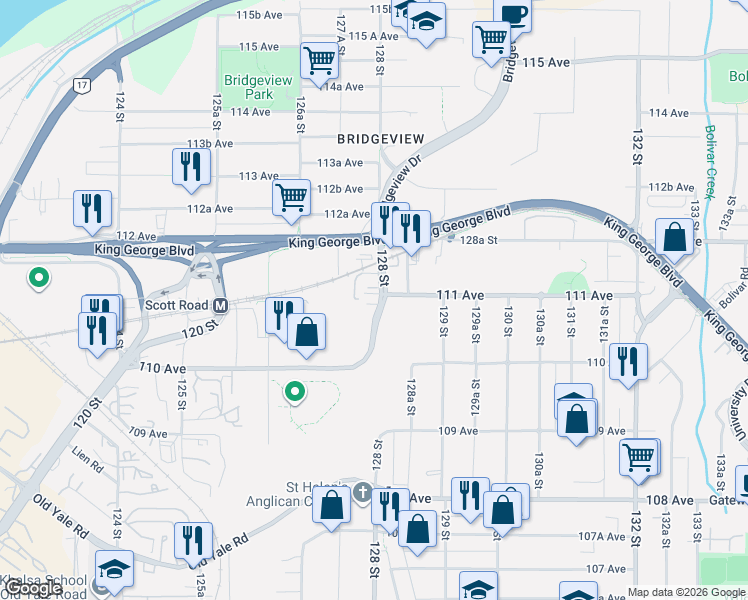 map of restaurants, bars, coffee shops, grocery stores, and more near 11107 128 Street in Surrey